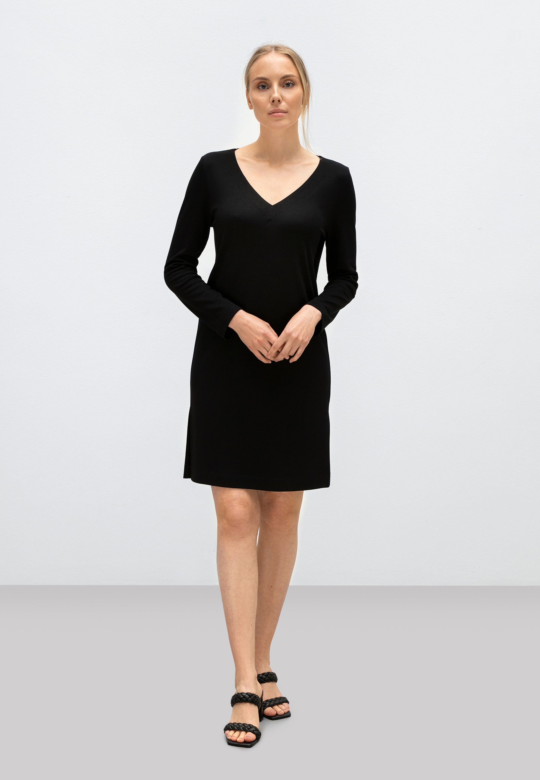 Women's V-neck Long Sleeve Dress - Dresses - Black
